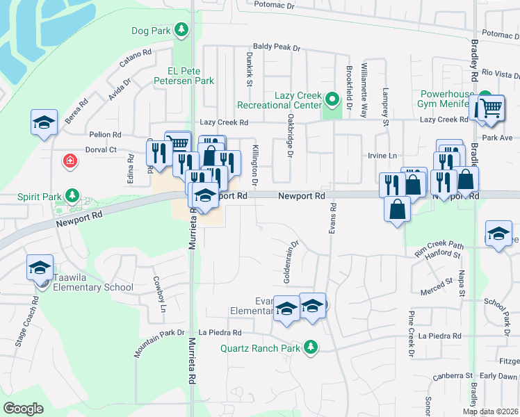 map of restaurants, bars, coffee shops, grocery stores, and more near 30072 Santa Rosalia Drive in Menifee