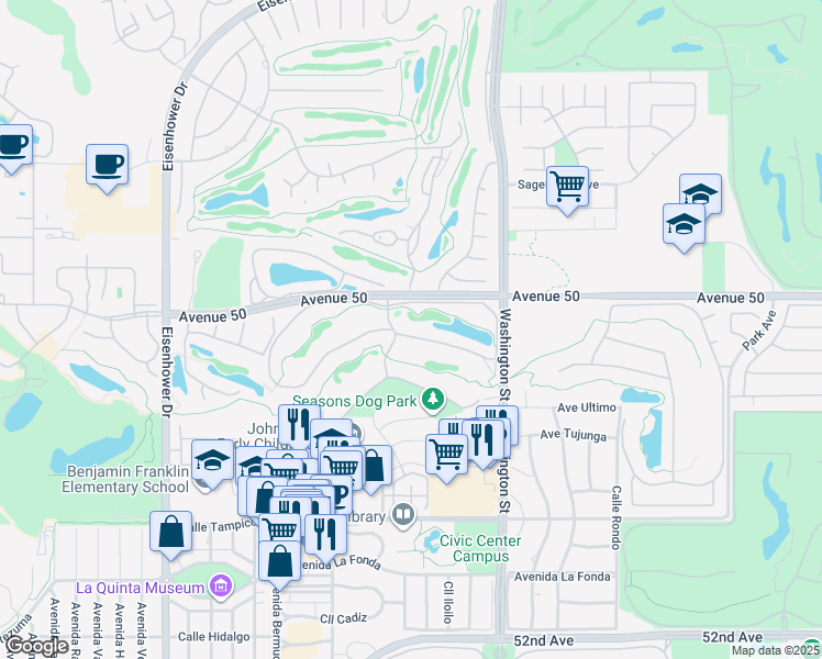 map of restaurants, bars, coffee shops, grocery stores, and more near 78092 Calle Norte in La Quinta