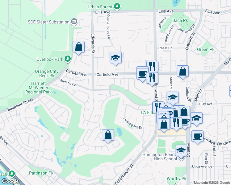 map of restaurants, bars, coffee shops, grocery stores, and more near 19229 Beckonridge Lane in Huntington Beach