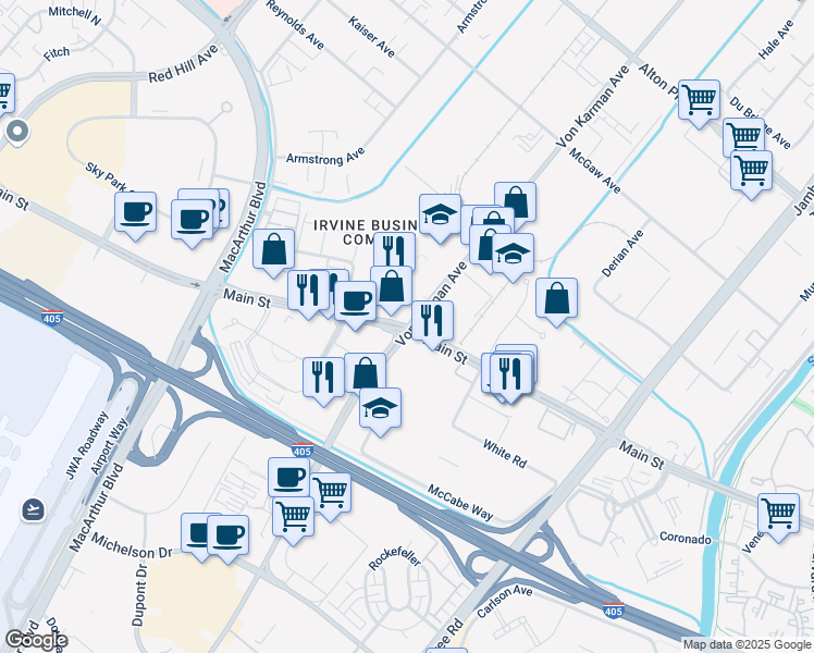 map of restaurants, bars, coffee shops, grocery stores, and more near 17885 Von Karman Avenue in Irvine
