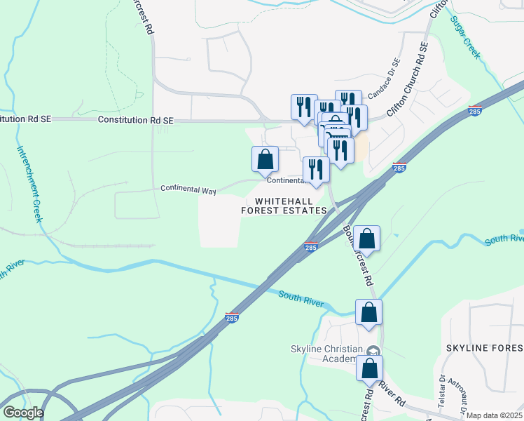 map of restaurants, bars, coffee shops, grocery stores, and more near 1829 Whitehall Forest Court Southeast in Atlanta