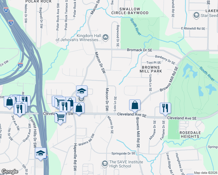 map of restaurants, bars, coffee shops, grocery stores, and more near 2602 Macon Drive Southwest in Atlanta
