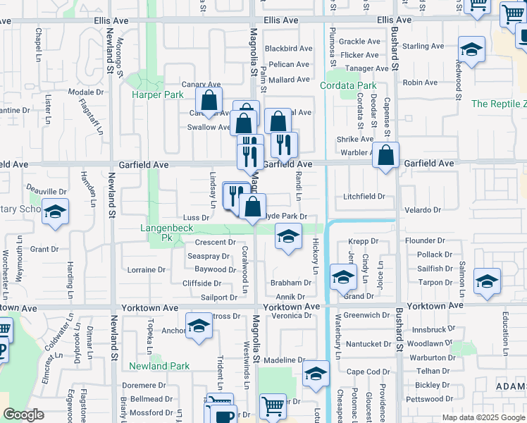 map of restaurants, bars, coffee shops, grocery stores, and more near 9021 Hyde Park Drive in Huntington Beach