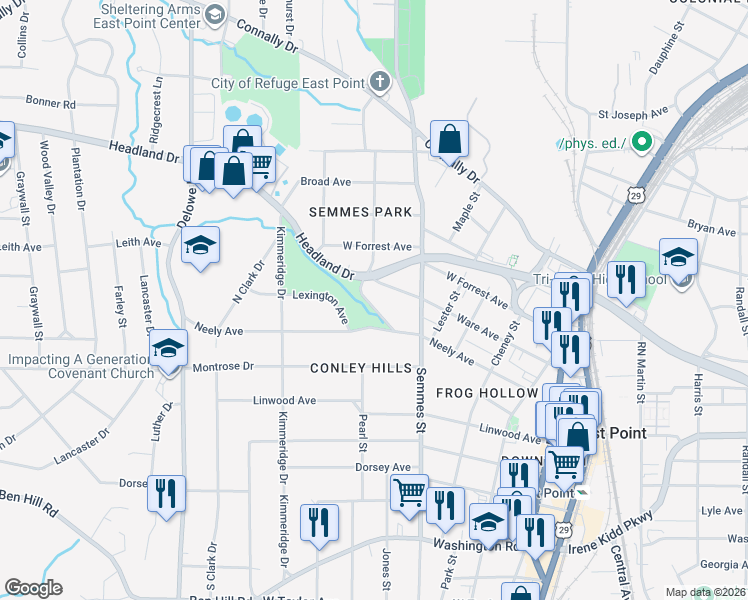 map of restaurants, bars, coffee shops, grocery stores, and more near 1865 Warren Way in East Point