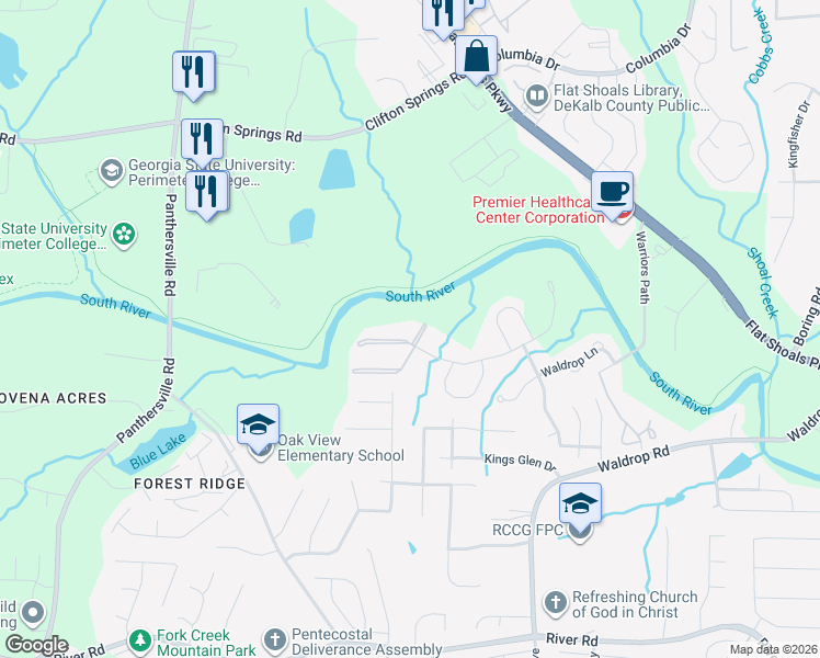 map of restaurants, bars, coffee shops, grocery stores, and more near 2103 Waldrop Place in Decatur