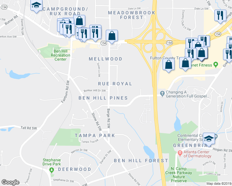 map of restaurants, bars, coffee shops, grocery stores, and more near 2623 Rex Avenue Southwest in Atlanta