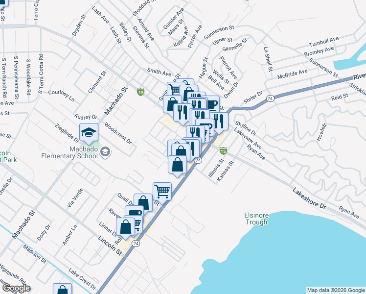 map of restaurants, bars, coffee shops, grocery stores, and more near 16639 Alviso Court in Lake Elsinore