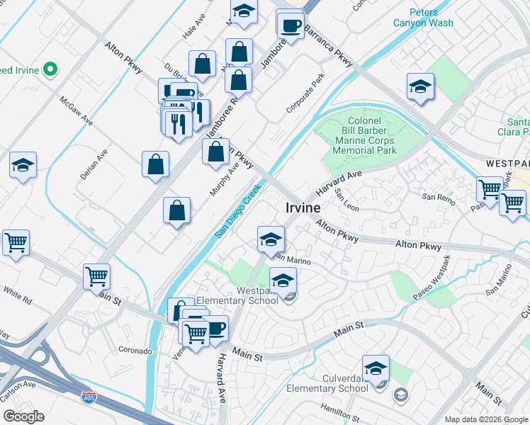 map of restaurants, bars, coffee shops, grocery stores, and more near 22 Alicante Aisle in Irvine