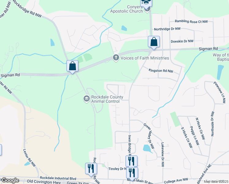 map of restaurants, bars, coffee shops, grocery stores, and more near 1167 Pinedale Circle Northwest in Conyers