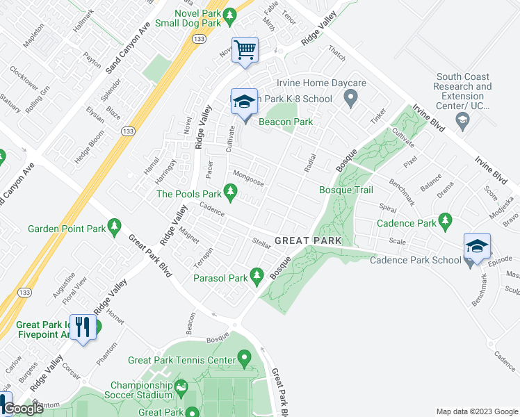 map of restaurants, bars, coffee shops, grocery stores, and more near Beacon in Irvine