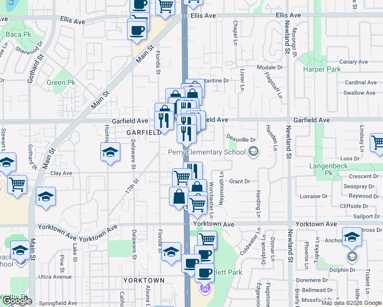 map of restaurants, bars, coffee shops, grocery stores, and more near 19156 Beach Boulevard in Huntington Beach
