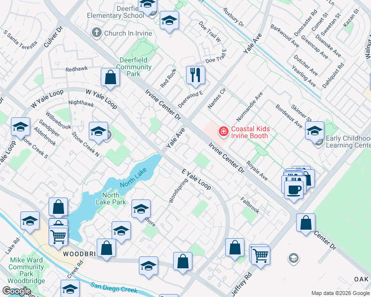map of restaurants, bars, coffee shops, grocery stores, and more near 16 Acorn in Irvine