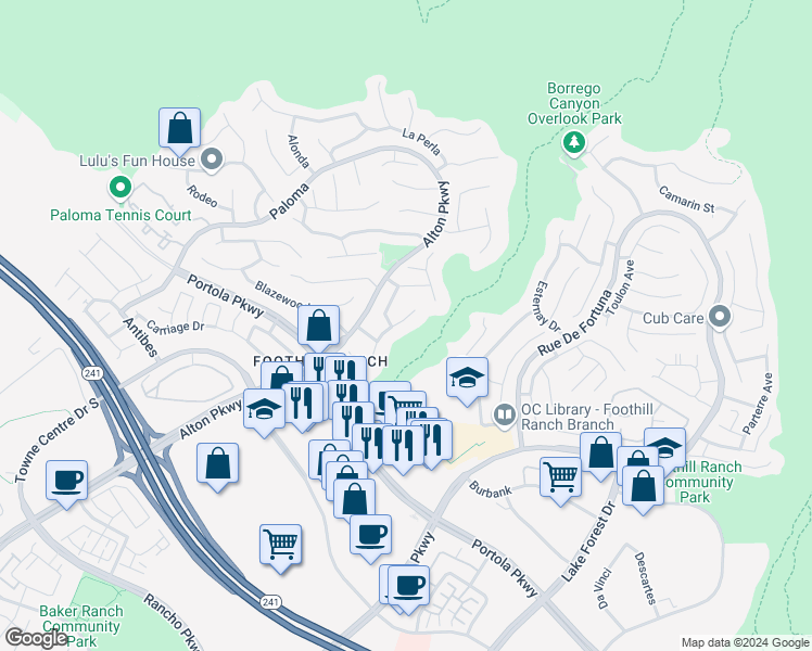 map of restaurants, bars, coffee shops, grocery stores, and more near 12 Blanco in Lake Forest