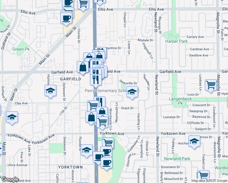 map of restaurants, bars, coffee shops, grocery stores, and more near 8142 Wadebridge Circle in Huntington Beach