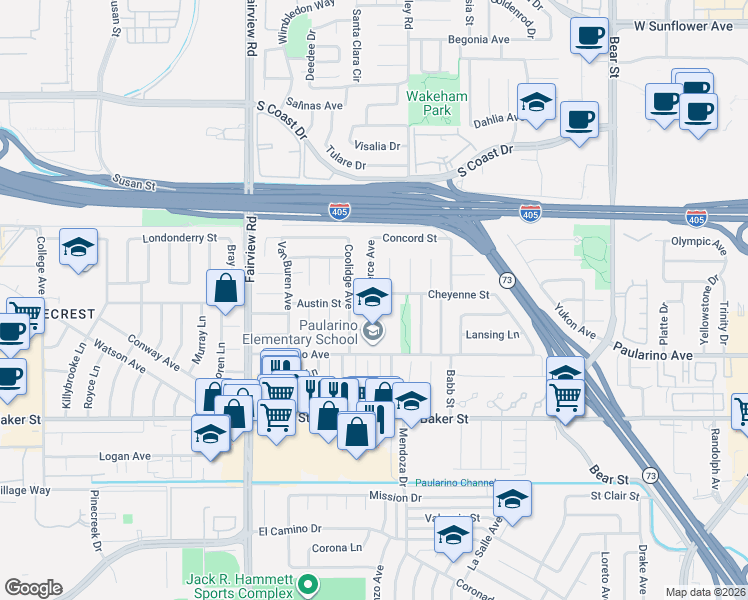 map of restaurants, bars, coffee shops, grocery stores, and more near 1067 Cheyenne Street in Costa Mesa