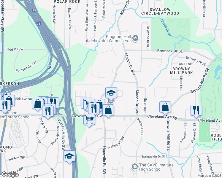 map of restaurants, bars, coffee shops, grocery stores, and more near 2606 Old Hapeville Road Southwest in Atlanta