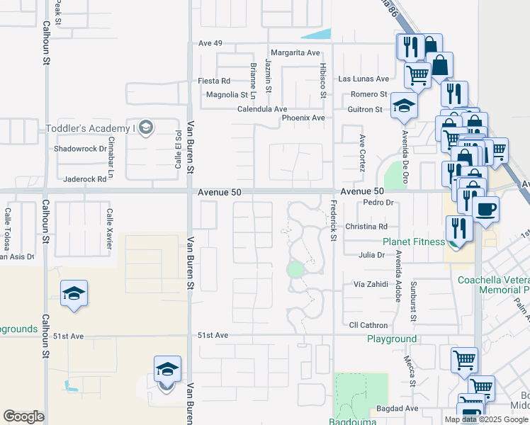 map of restaurants, bars, coffee shops, grocery stores, and more near 84476 Ruebens Way in Coachella