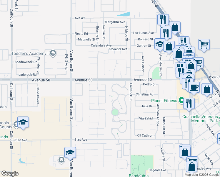 map of restaurants, bars, coffee shops, grocery stores, and more near 50285 Mazatlan Drive in Coachella
