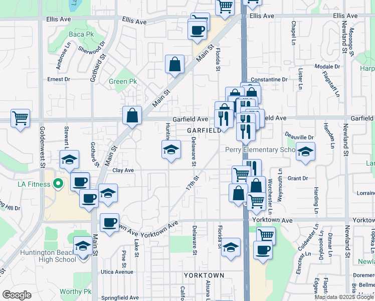 map of restaurants, bars, coffee shops, grocery stores, and more near 19161 Delaware Street in Huntington Beach
