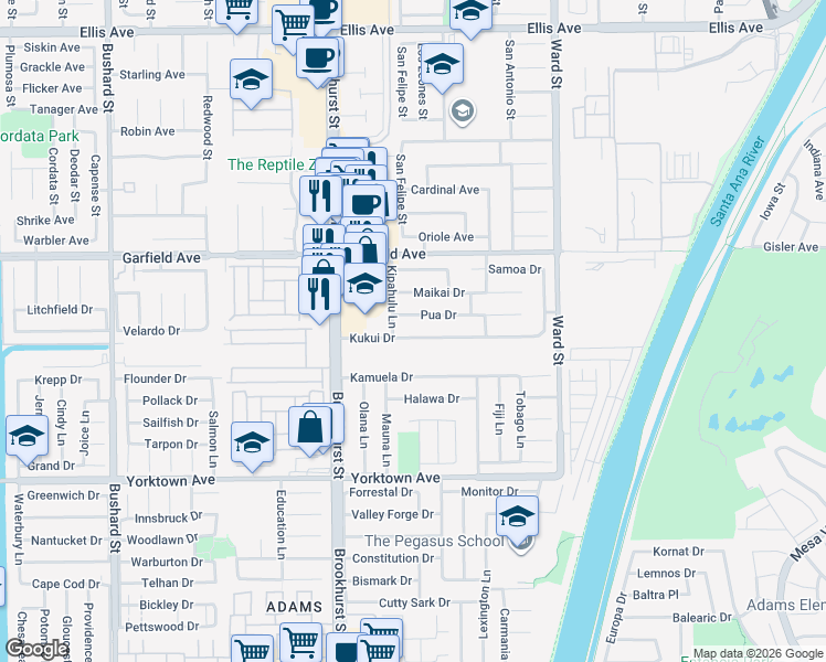 map of restaurants, bars, coffee shops, grocery stores, and more near 10171 Kukui Drive in Huntington Beach