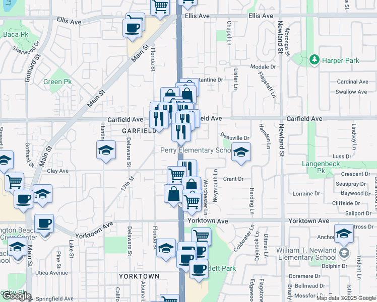 map of restaurants, bars, coffee shops, grocery stores, and more near 19156 Beach Boulevard in Huntington Beach