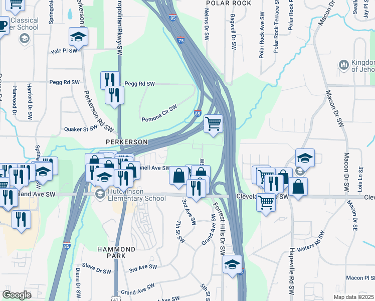 map of restaurants, bars, coffee shops, grocery stores, and more near 2585 Beeler Drive Southwest in Atlanta