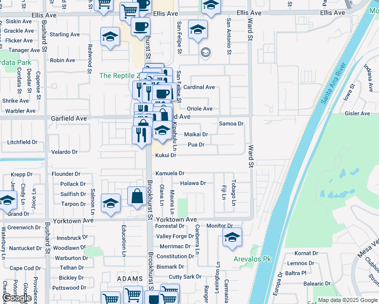 map of restaurants, bars, coffee shops, grocery stores, and more near 10172 Kukui Drive in Huntington Beach