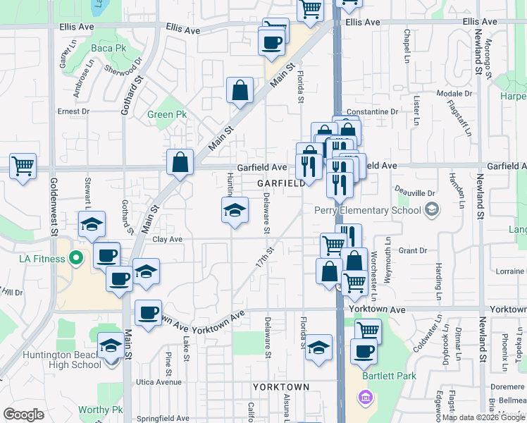 map of restaurants, bars, coffee shops, grocery stores, and more near 19161 Delaware Street in Huntington Beach
