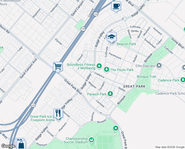 map of restaurants, bars, coffee shops, grocery stores, and more near 155 Interval in Irvine