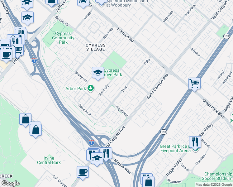 map of restaurants, bars, coffee shops, grocery stores, and more near 60 Thornapple in Irvine