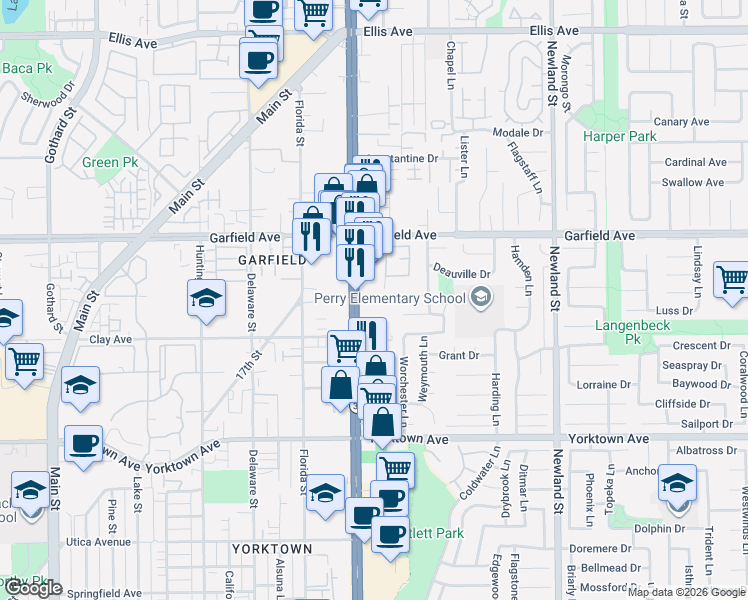 map of restaurants, bars, coffee shops, grocery stores, and more near 19202 Beach Boulevard in Huntington Beach