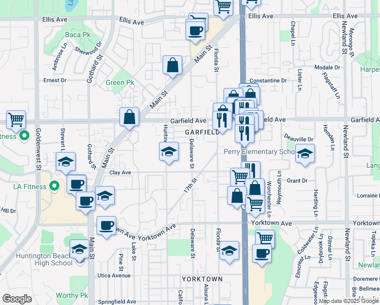 map of restaurants, bars, coffee shops, grocery stores, and more near 19161 Delaware Street in Huntington Beach