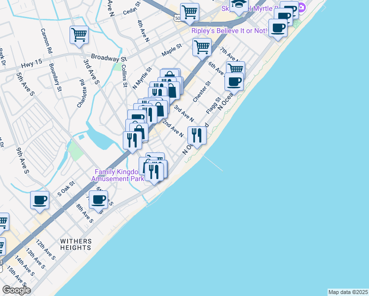 map of restaurants, bars, coffee shops, grocery stores, and more near 101 North Ocean Boulevard in Myrtle Beach