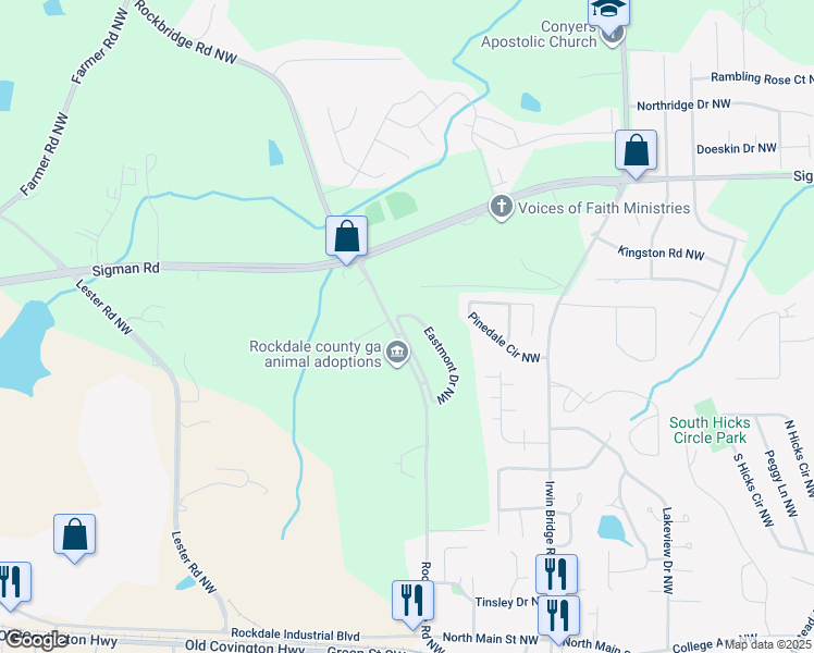 map of restaurants, bars, coffee shops, grocery stores, and more near 1524 Eastmont Drive Northwest in Conyers