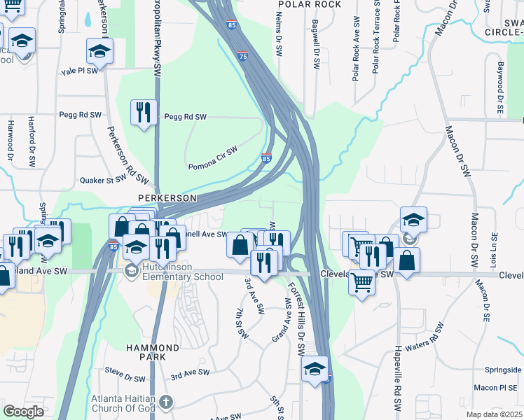 map of restaurants, bars, coffee shops, grocery stores, and more near 2585 Beeler Drive Southwest in Atlanta