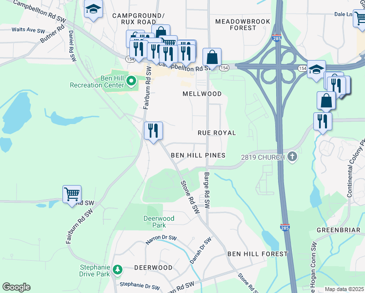 map of restaurants, bars, coffee shops, grocery stores, and more near 3668 Bunker Hill Drive Southwest in Atlanta