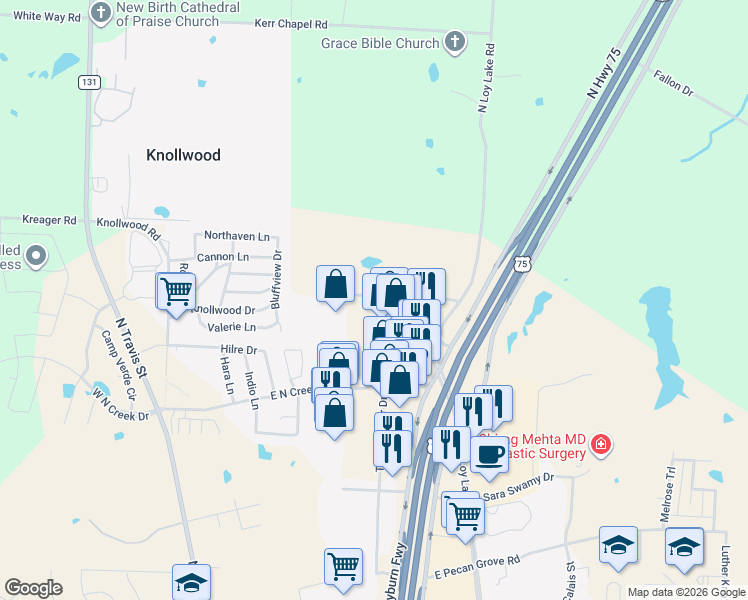 map of restaurants, bars, coffee shops, grocery stores, and more near 620 Graham Drive in Sherman