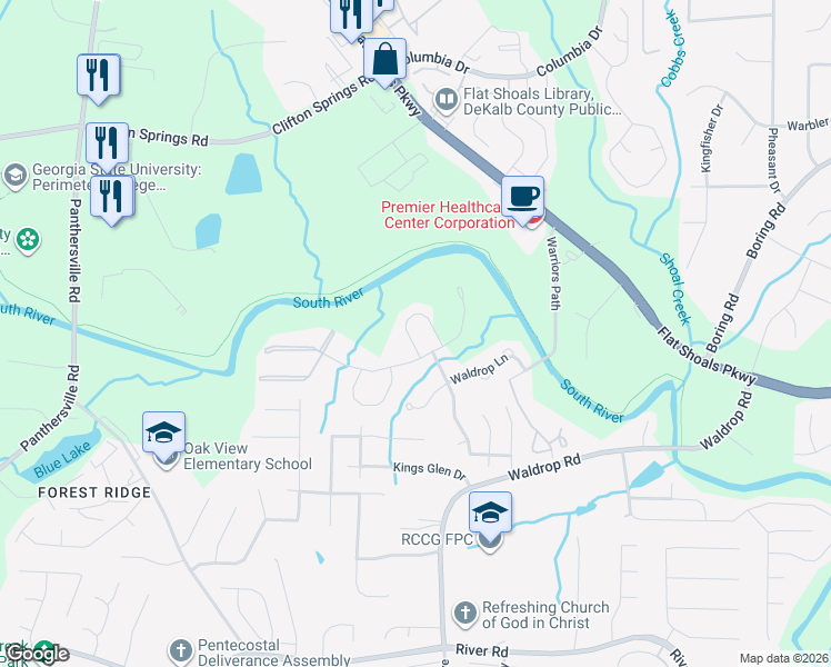 map of restaurants, bars, coffee shops, grocery stores, and more near 3010 Waldrop Circle in Decatur