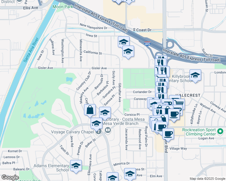 map of restaurants, bars, coffee shops, grocery stores, and more near 3140 Sumatra Place in Costa Mesa