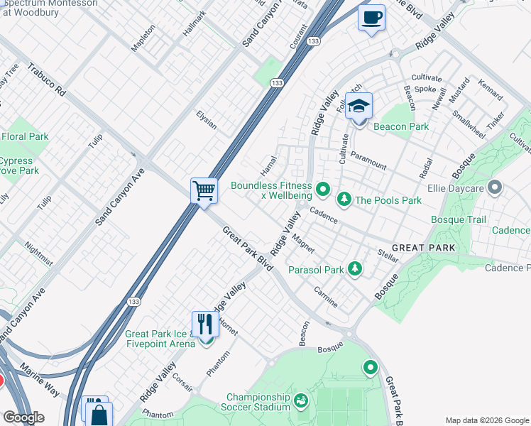 map of restaurants, bars, coffee shops, grocery stores, and more near 177 Magnet in Irvine