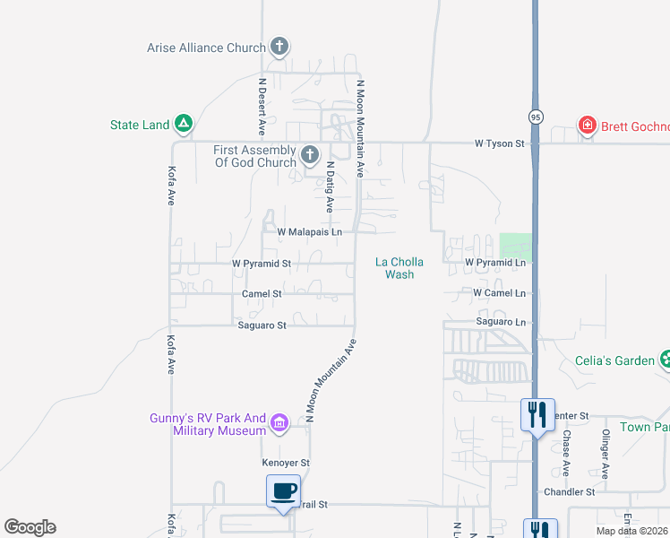 map of restaurants, bars, coffee shops, grocery stores, and more near 627 Camel Street in Quartzsite