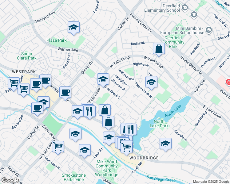 map of restaurants, bars, coffee shops, grocery stores, and more near 12 Robin in Irvine