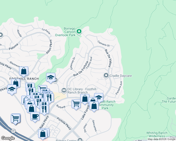 map of restaurants, bars, coffee shops, grocery stores, and more near Toulon Avenue in Lake Forest