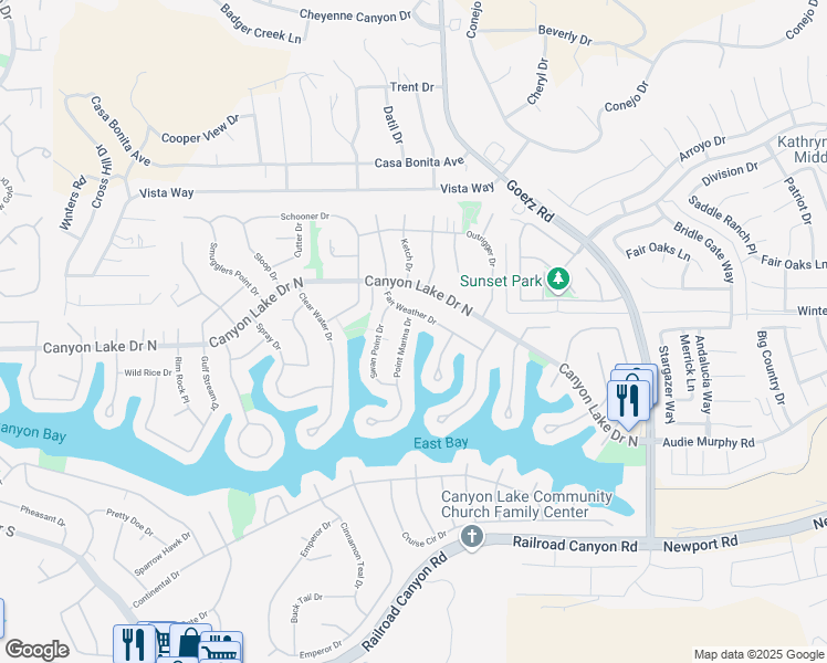 map of restaurants, bars, coffee shops, grocery stores, and more near 30042 Point Marina Drive in Canyon Lake