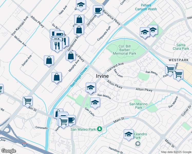 map of restaurants, bars, coffee shops, grocery stores, and more near 20 Marbella Aisle in Irvine