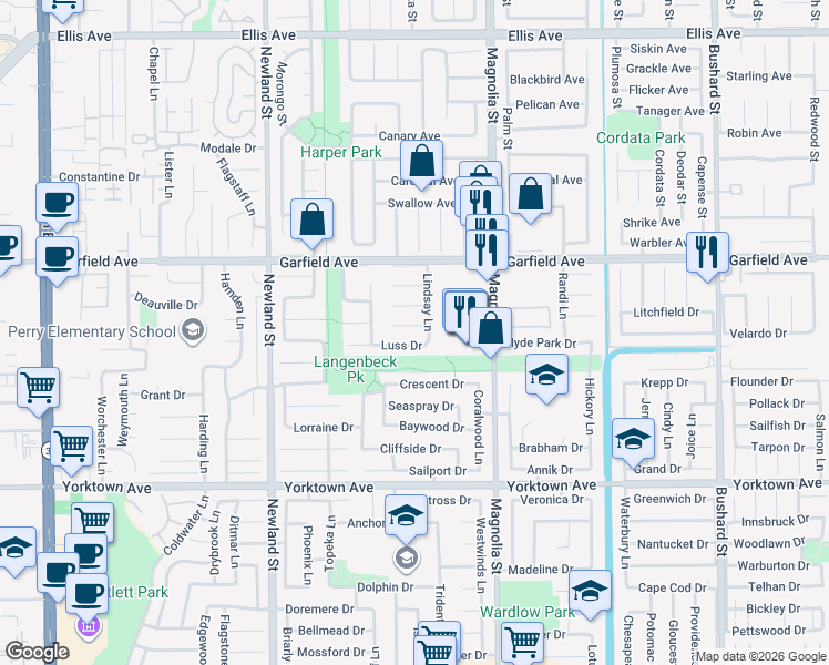 map of restaurants, bars, coffee shops, grocery stores, and more near 8812 Elgin Circle in Huntington Beach
