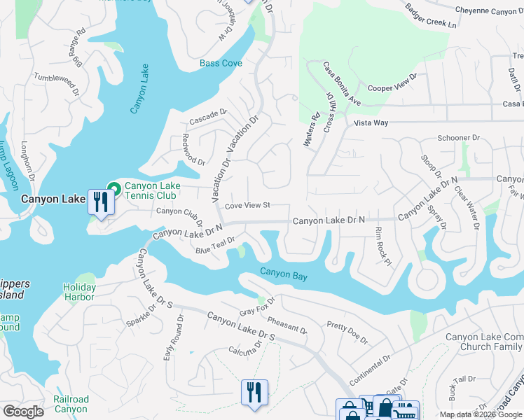map of restaurants, bars, coffee shops, grocery stores, and more near 22811 Cove View Street in Canyon Lake