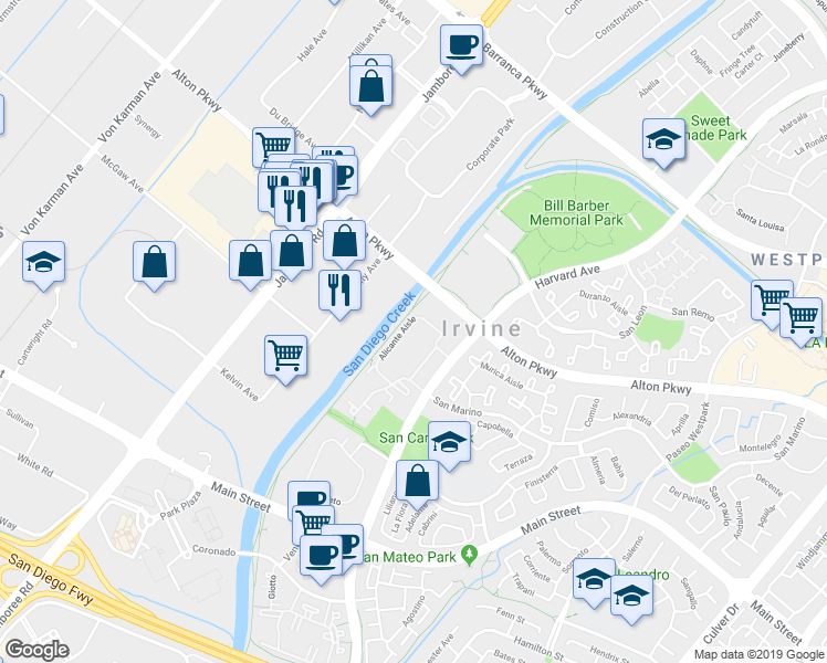 map of restaurants, bars, coffee shops, grocery stores, and more near 82 Alicante Aisle in Irvine
