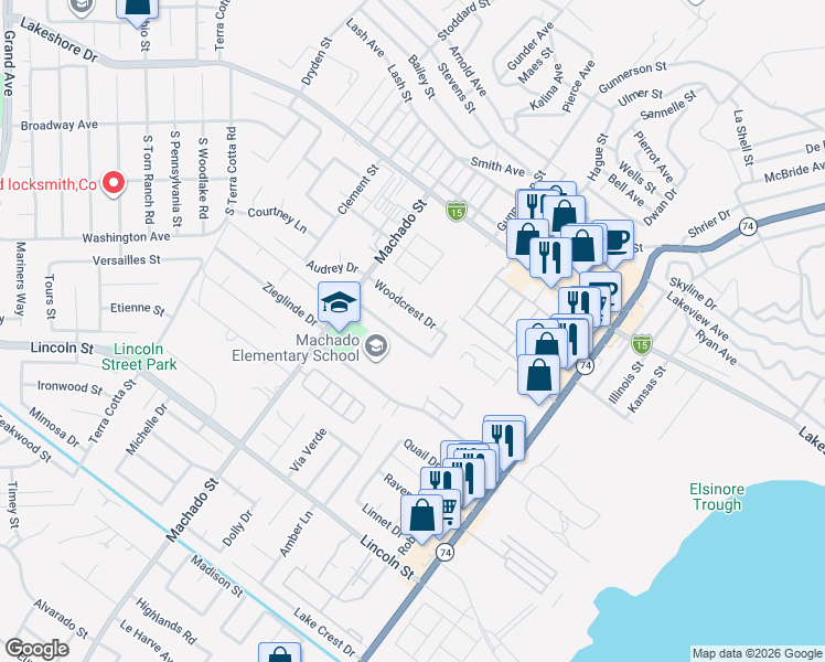 map of restaurants, bars, coffee shops, grocery stores, and more near 613 Parkview Drive in Lake Elsinore