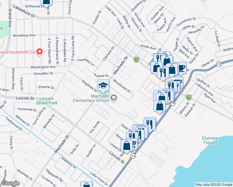 map of restaurants, bars, coffee shops, grocery stores, and more near 632 Parkview Drive in Lake Elsinore